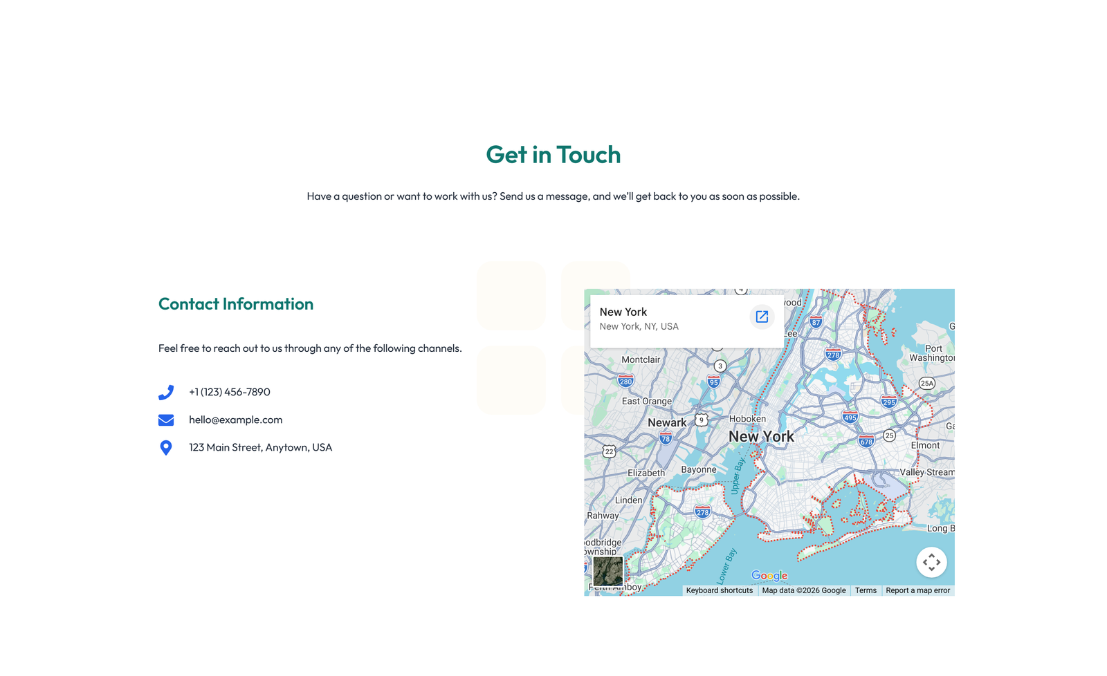 Split Contact with Info and Social Left and Map Right - Elementor component