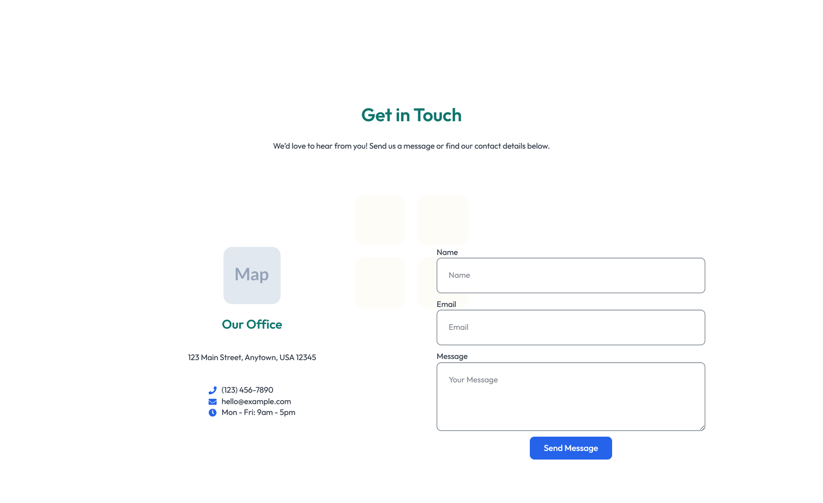 Screenshot of Centered Contact with Form, Info Below 5 - Elementor Contact Sections component