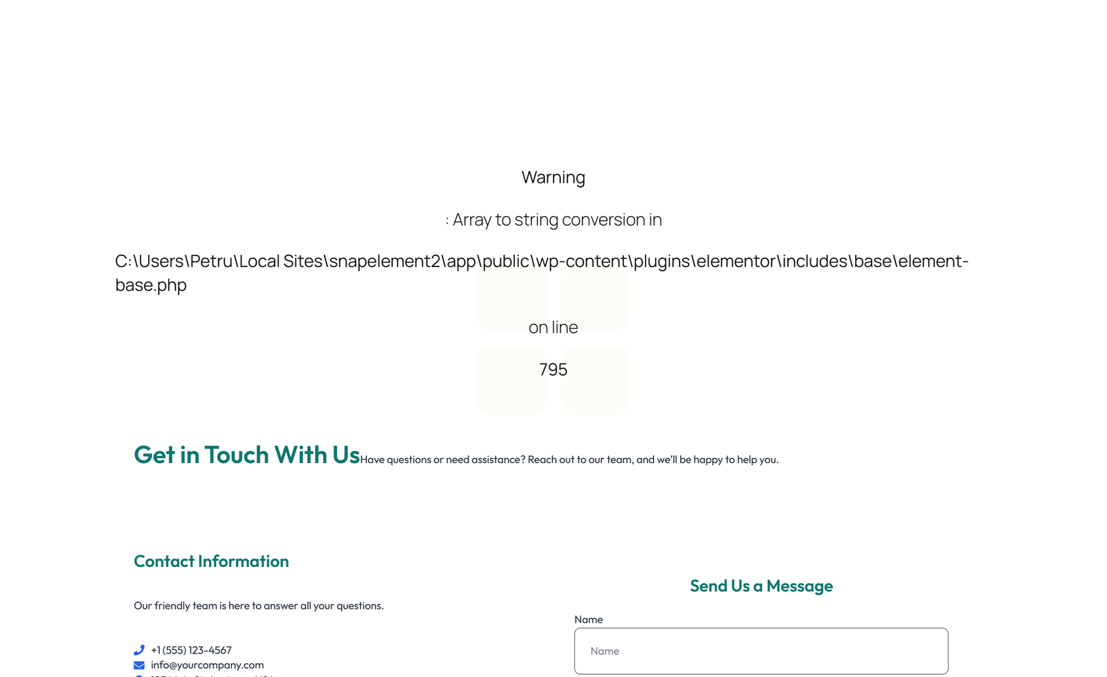 Screenshot of Centered Contact with Form, Info Below 10 - Elementor Contact Sections component