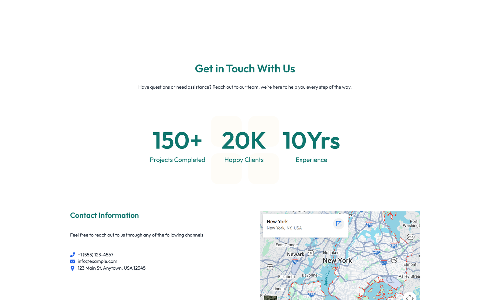 Split Contact with Info and Social Left and Map Right 15 - Elementor component