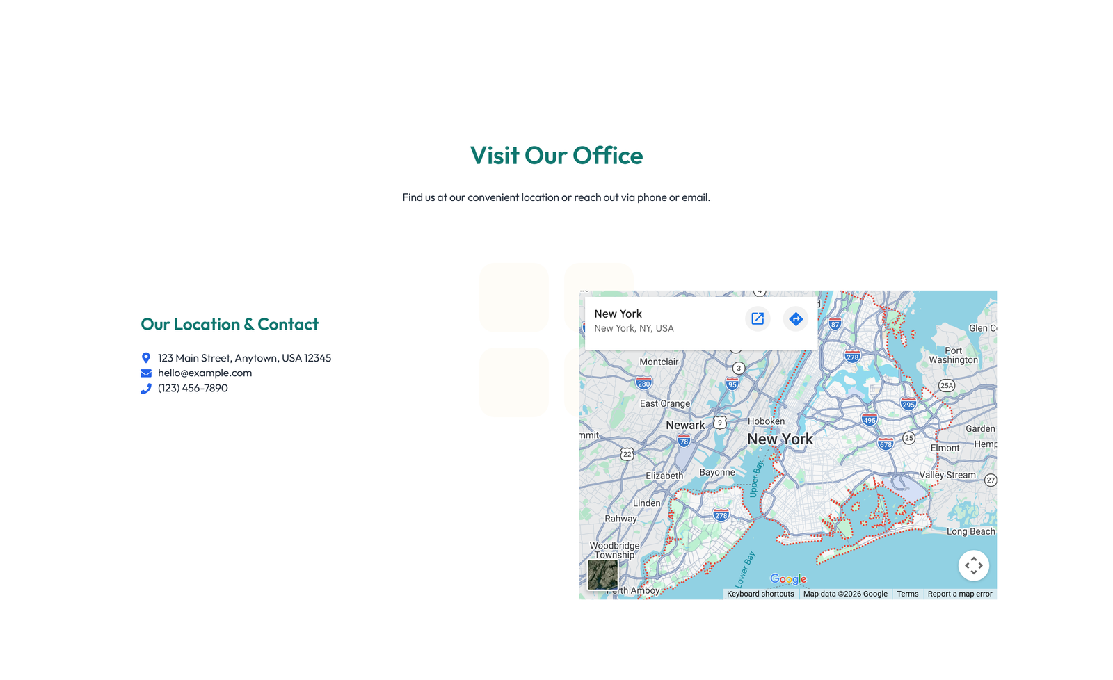 Split Contact with Info and Social Left and Map Right 21 - Elementor component