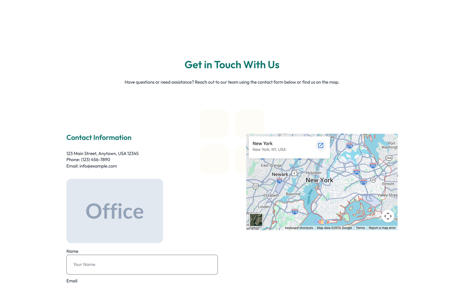 Split Contact with Info and Social Left and Map Right 23 - Elementor component