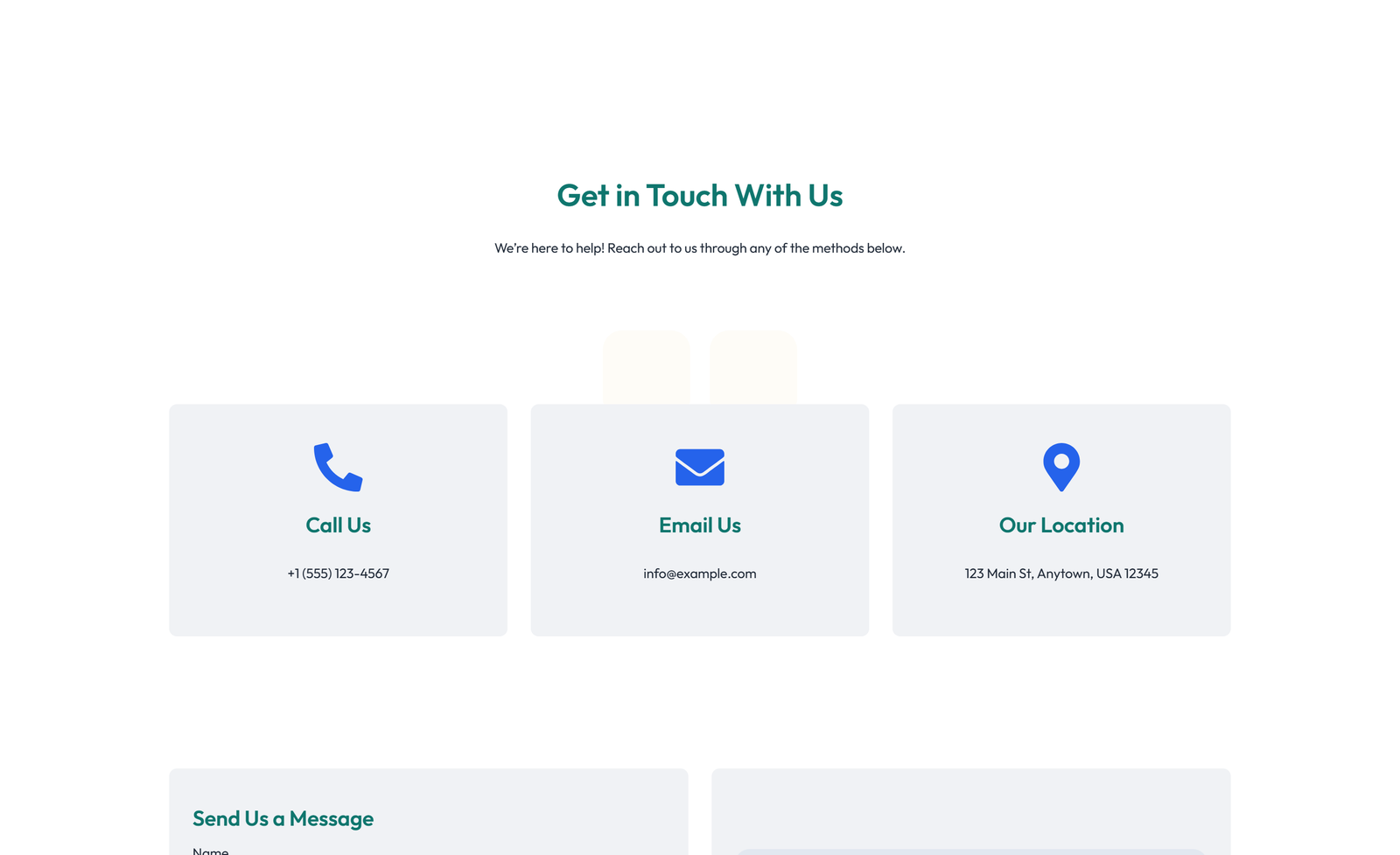 Screenshot of Centered Contact with Form, Info Below 35 - Elementor Contact Sections component