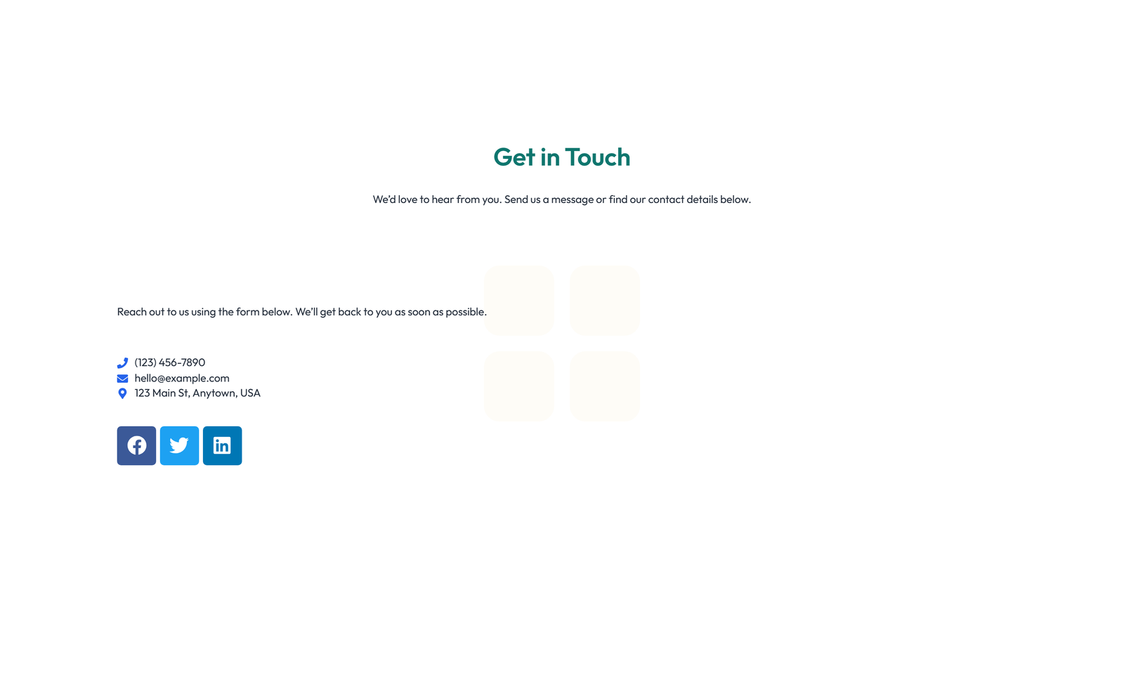 Screenshot of Centered Contact with Form, Info Below 37 - Elementor Contact Sections component