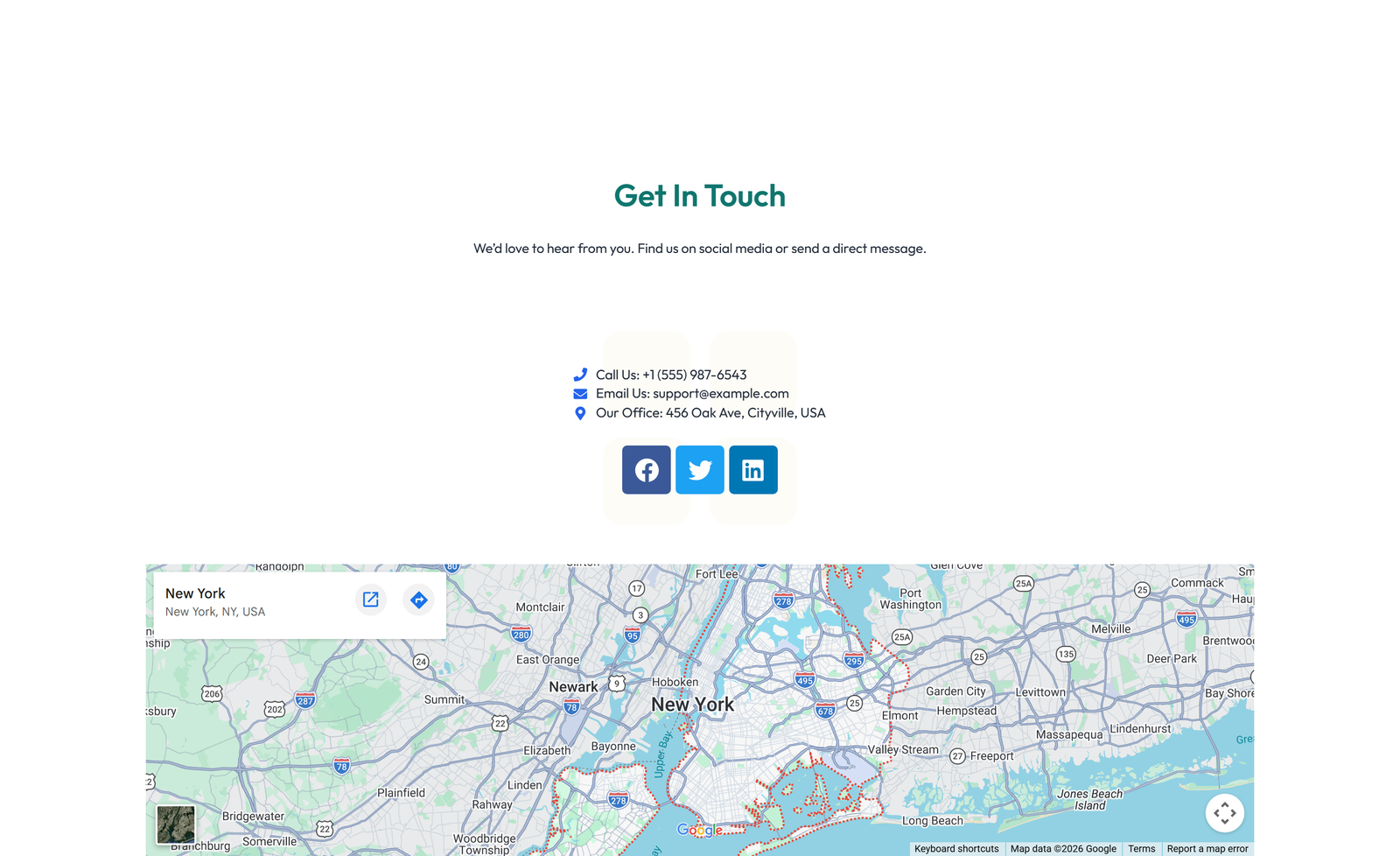 Split Contact with Info and Social Left and Map Right 39 - Elementor component