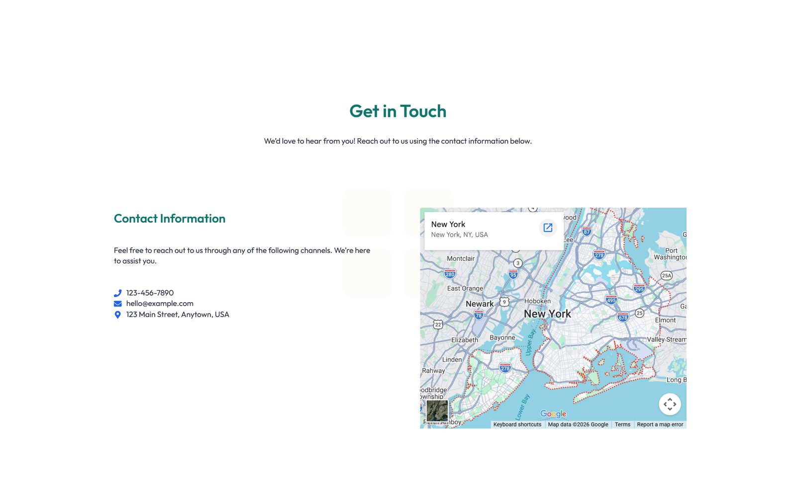 Split Contact with Info and Social Left and Map Right 41 - Elementor component