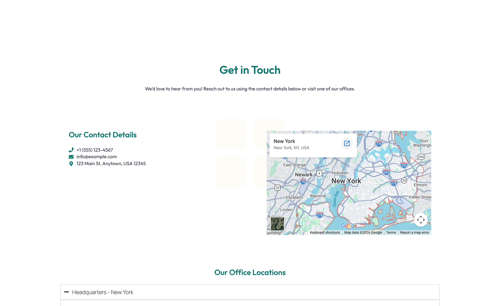 Split Contact with Info and Social Left and Map Right 46 - Elementor component
