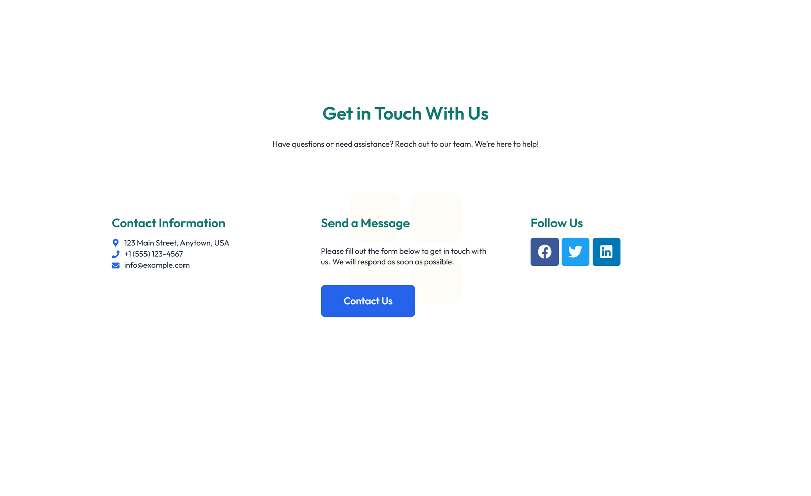 Screenshot of Centered Contact with Form, Info Below 61 - Elementor Contact Sections component