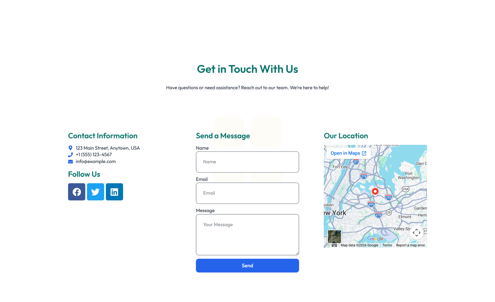 Split Contact with Info and Social Left and Map Right 62 - Elementor component