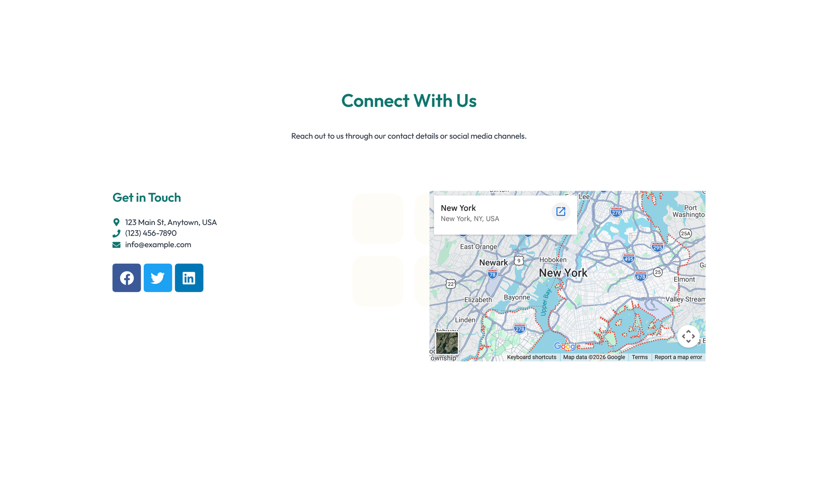 Split Contact with Info and Social Left and Map Right 64 - Elementor component