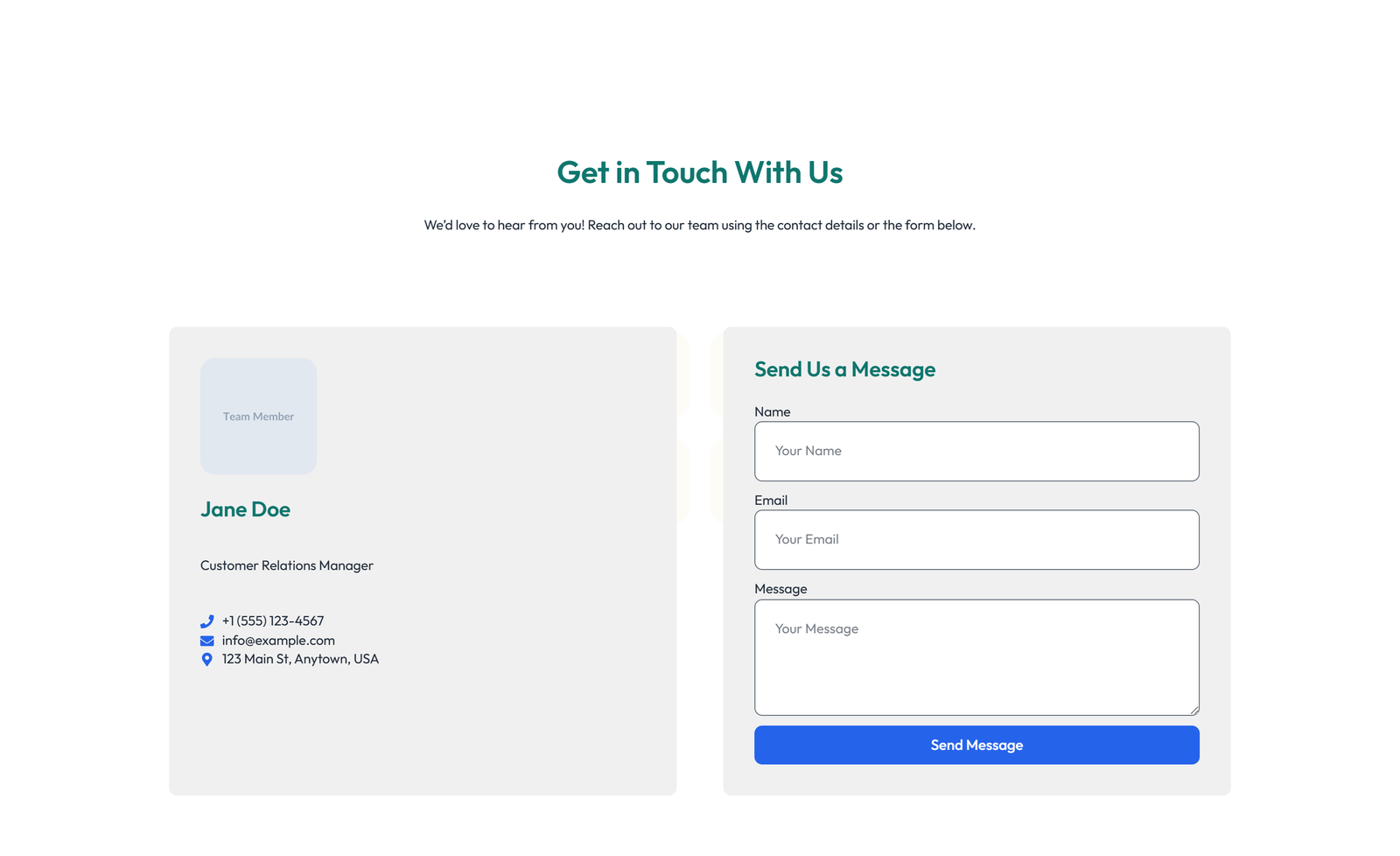 Centered Contact with Form, Info Below 75 - Elementor component