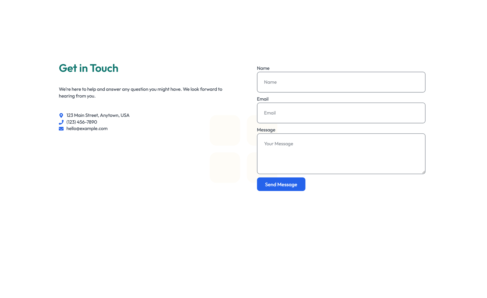 Screenshot of Centered Contact with Form, Info Below 84 - Elementor Contact Sections component