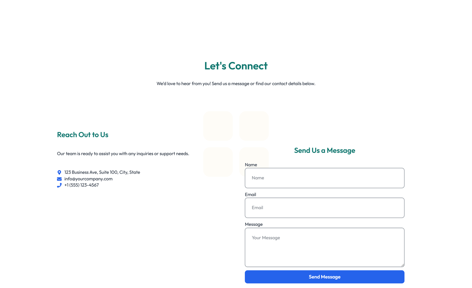 Screenshot of Centered Contact with Form, Info Below 85 - Elementor Contact Sections component