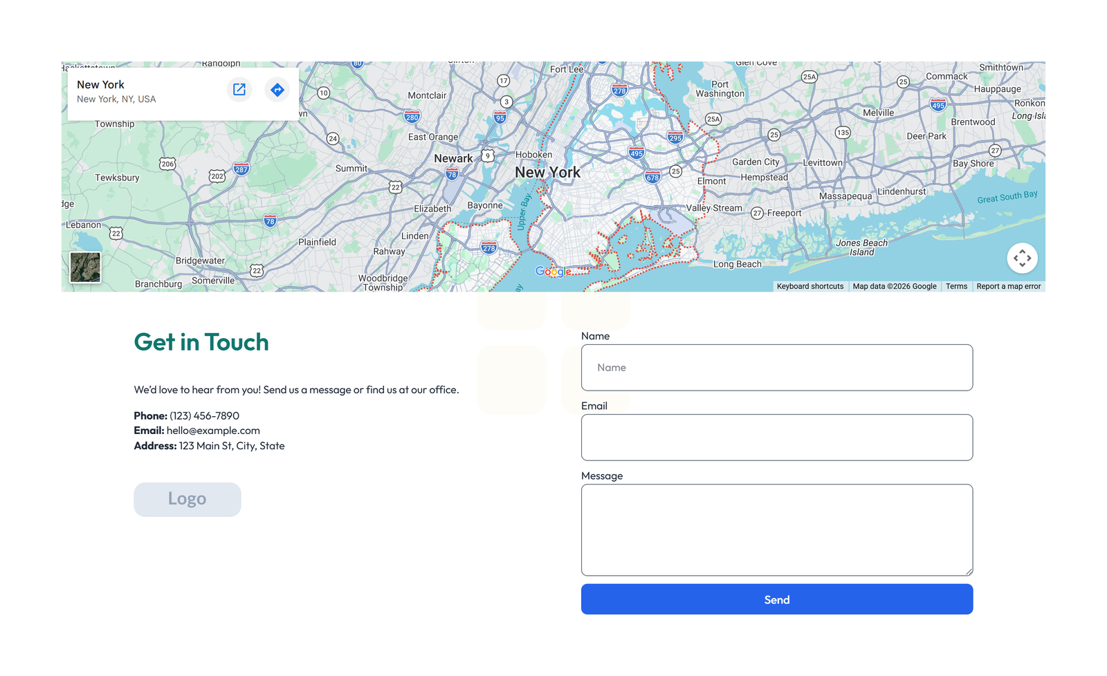Split Contact with Info and Social Left and Map Right 88 - Elementor component