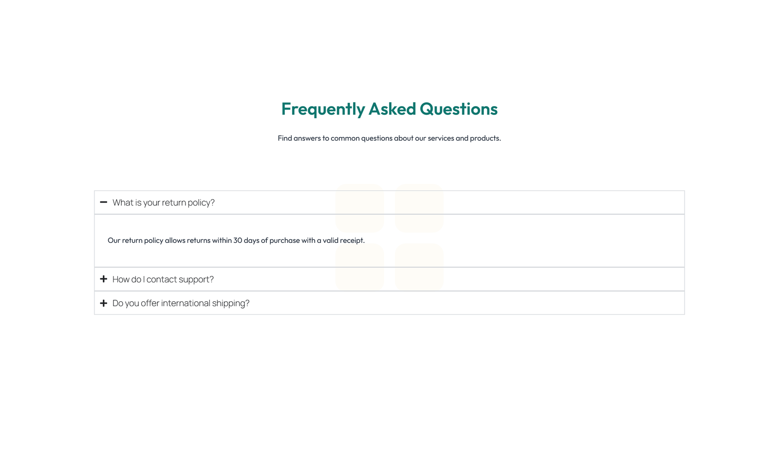 Screenshot of Centered FAQ with Accordion with Heading - Elementor FAQ Sections component
