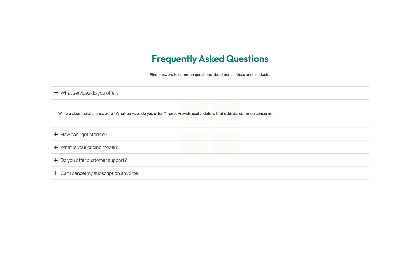 Screenshot of Split FAQ with Text and CTA Left and Accordion Right - Elementor FAQ Sections component