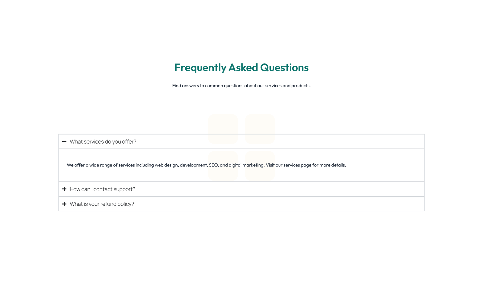 Screenshot of Centered FAQ with Accordion, Follow-up CTA 2 - Elementor FAQ Sections component