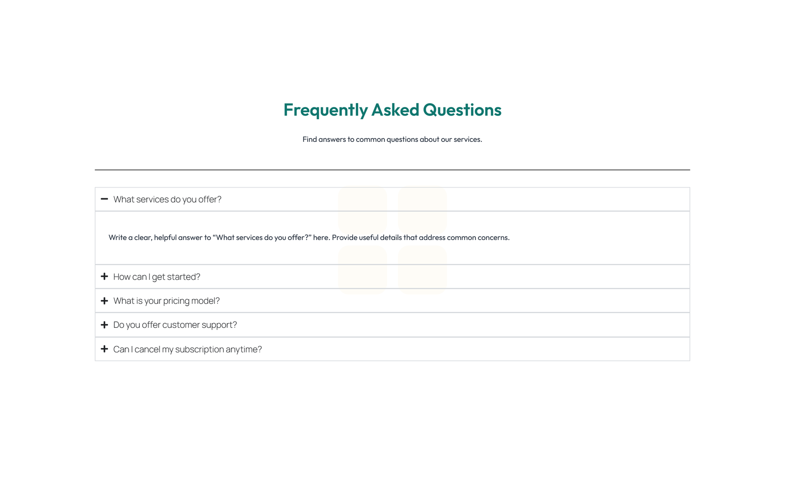Screenshot of Centered FAQ with Accordion, Follow-up CTA 3 - Elementor FAQ Sections component