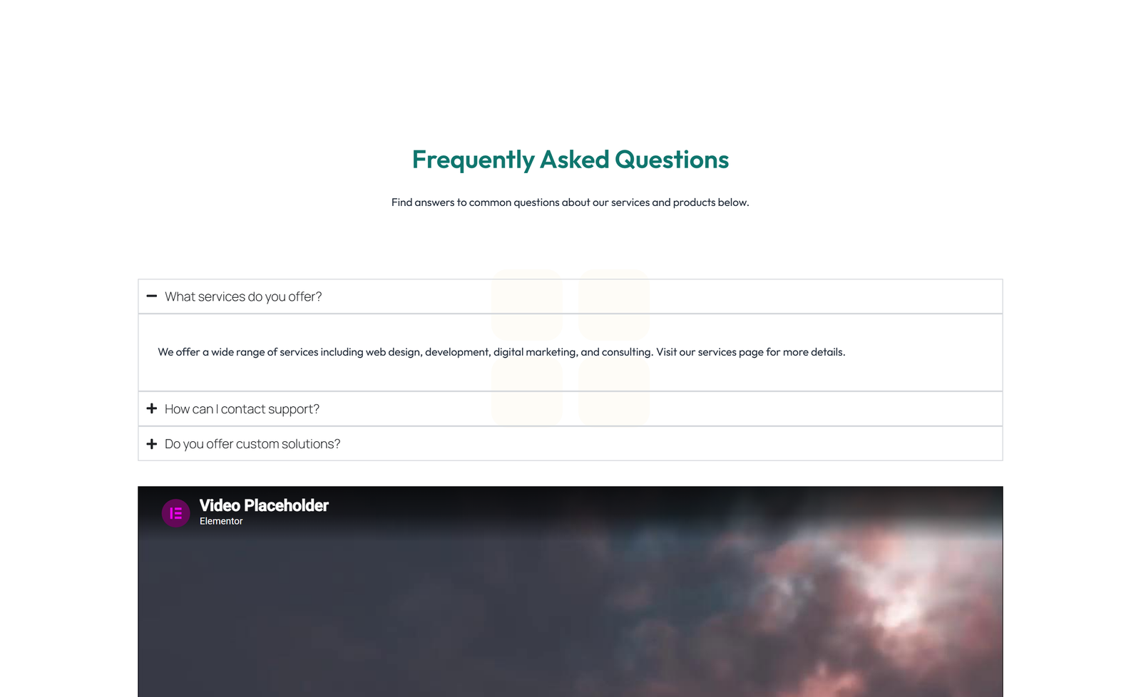 Centered FAQ with Accordion with Heading 4 - Elementor component