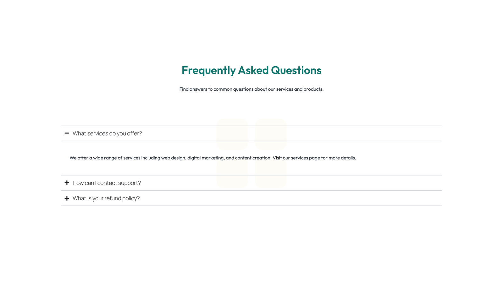 Screenshot of Centered FAQ with Accordion with Heading 5 - Elementor FAQ Sections component