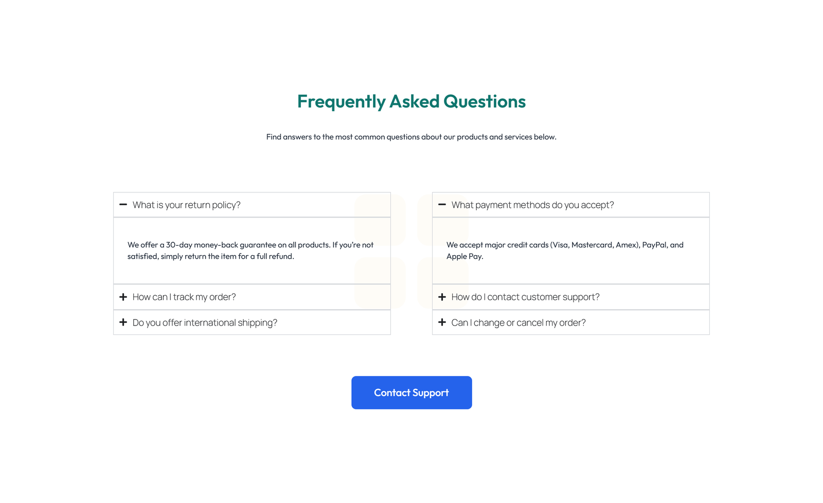 Screenshot of Centered FAQ with Accordion, Follow-up CTA 5 - Elementor FAQ Sections component