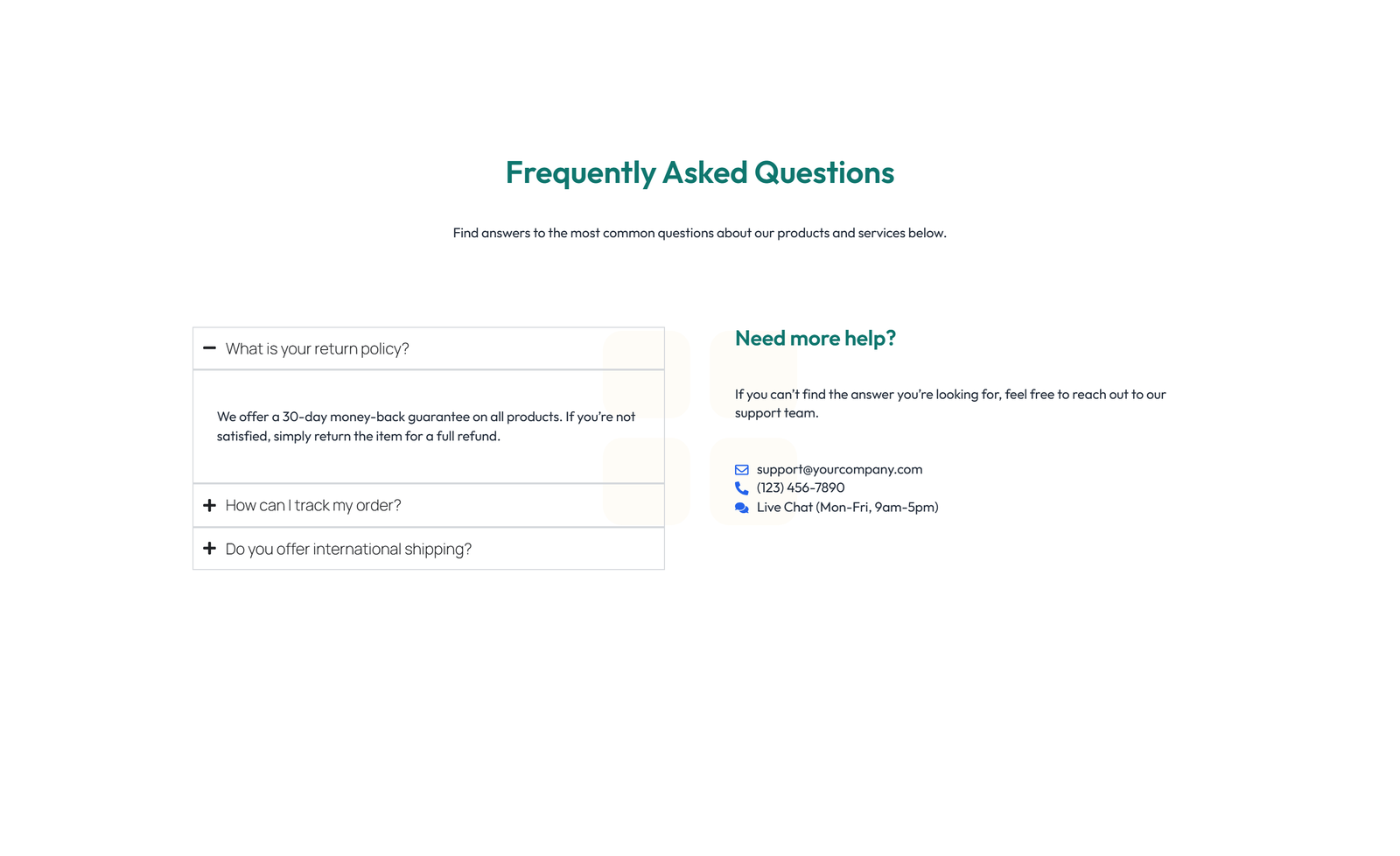 Screenshot of Centered FAQ with Accordion with Heading 6 - Elementor FAQ Sections component