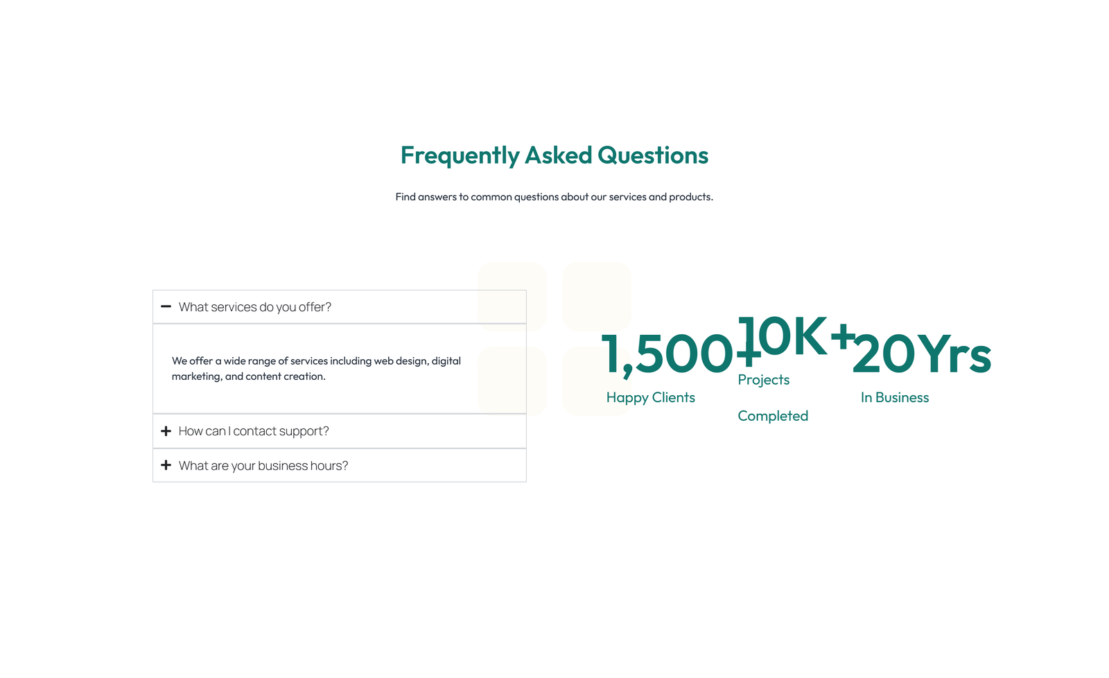 Screenshot of Centered FAQ with Accordion, Follow-up CTA 6 - Elementor FAQ Sections component