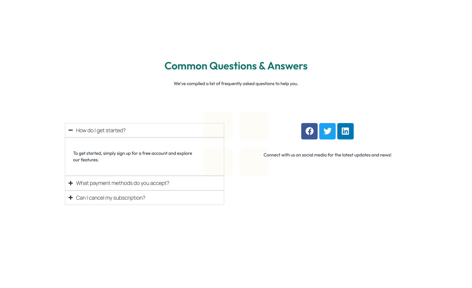 Screenshot of Centered FAQ with Accordion with Heading 7 - Elementor FAQ Sections component