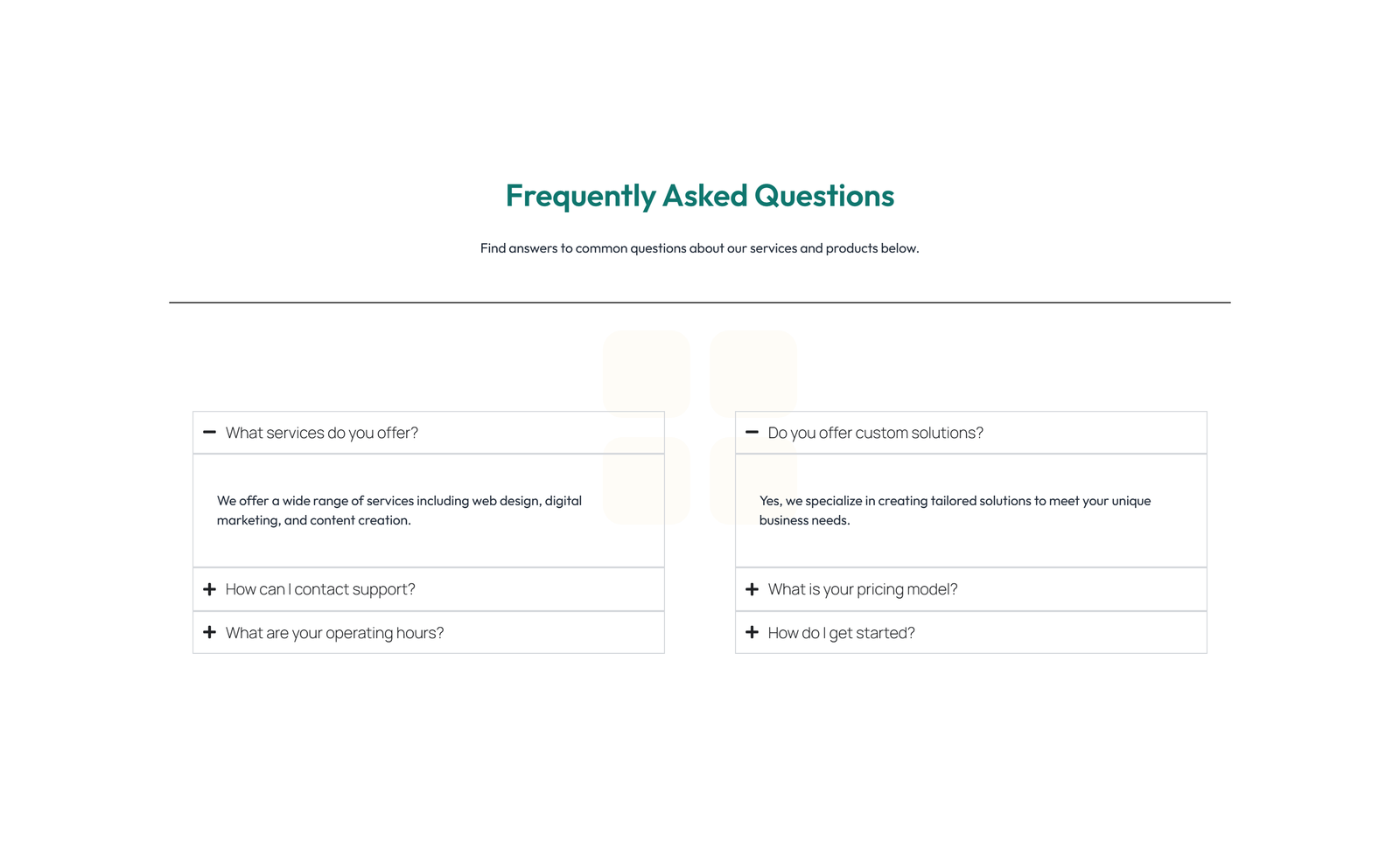 Screenshot of Centered FAQ with Accordion, Follow-up CTA 7 - Elementor FAQ Sections component