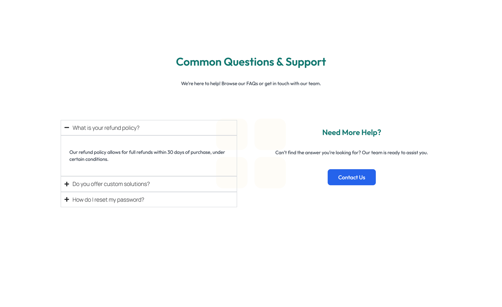 Screenshot of Centered FAQ with Accordion with Heading 9 - Elementor FAQ Sections component