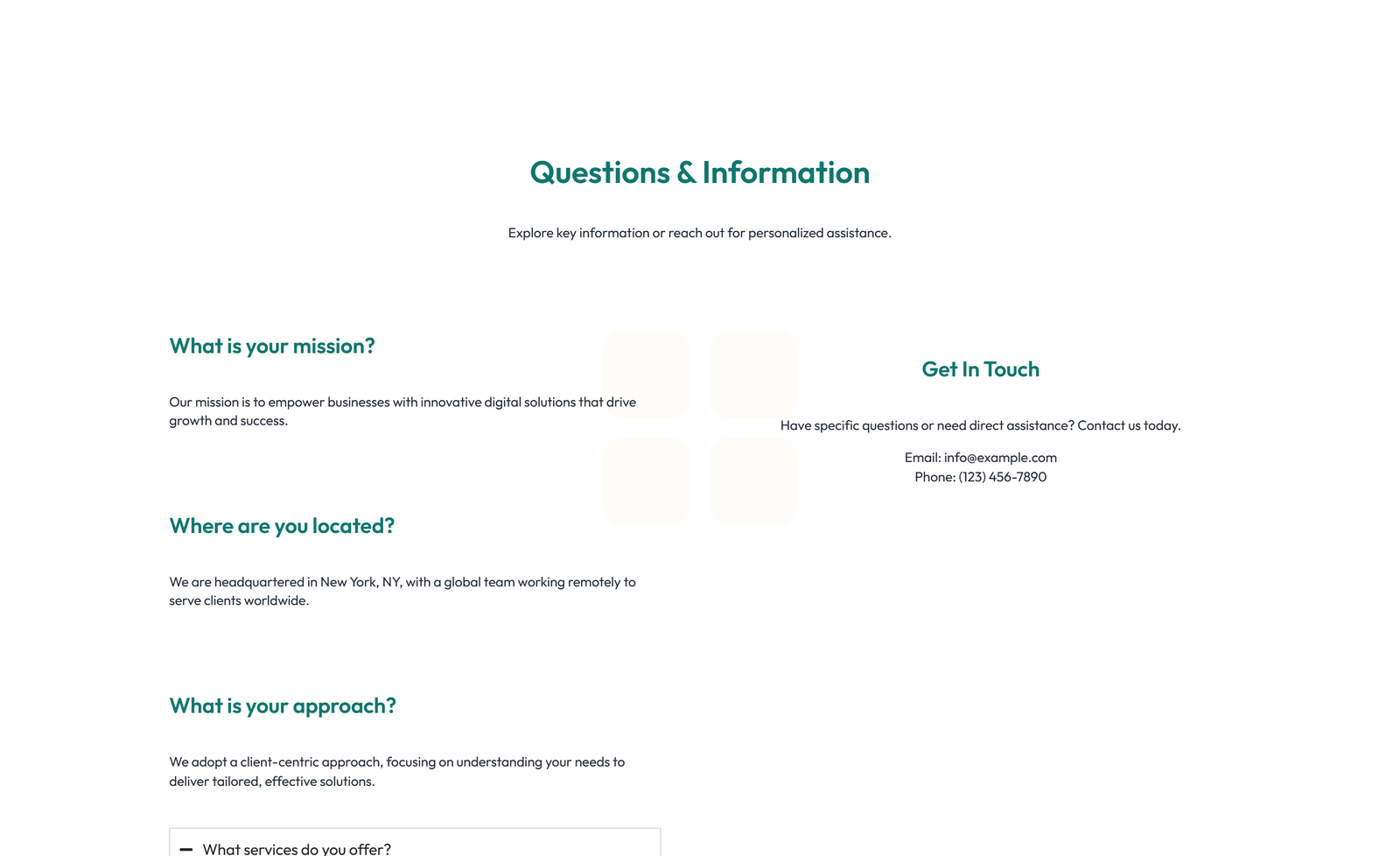 Screenshot of Split FAQ with Text and CTA Left and Accordion Right 9 - Elementor FAQ Sections component