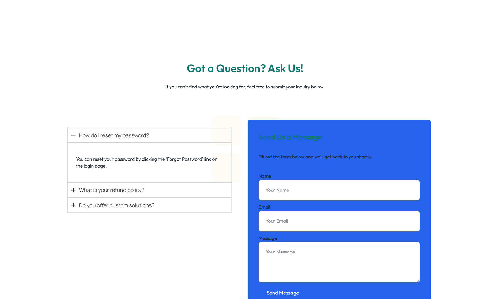 Split FAQ with Text and CTA Left and Accordion Right 10 - Elementor component
