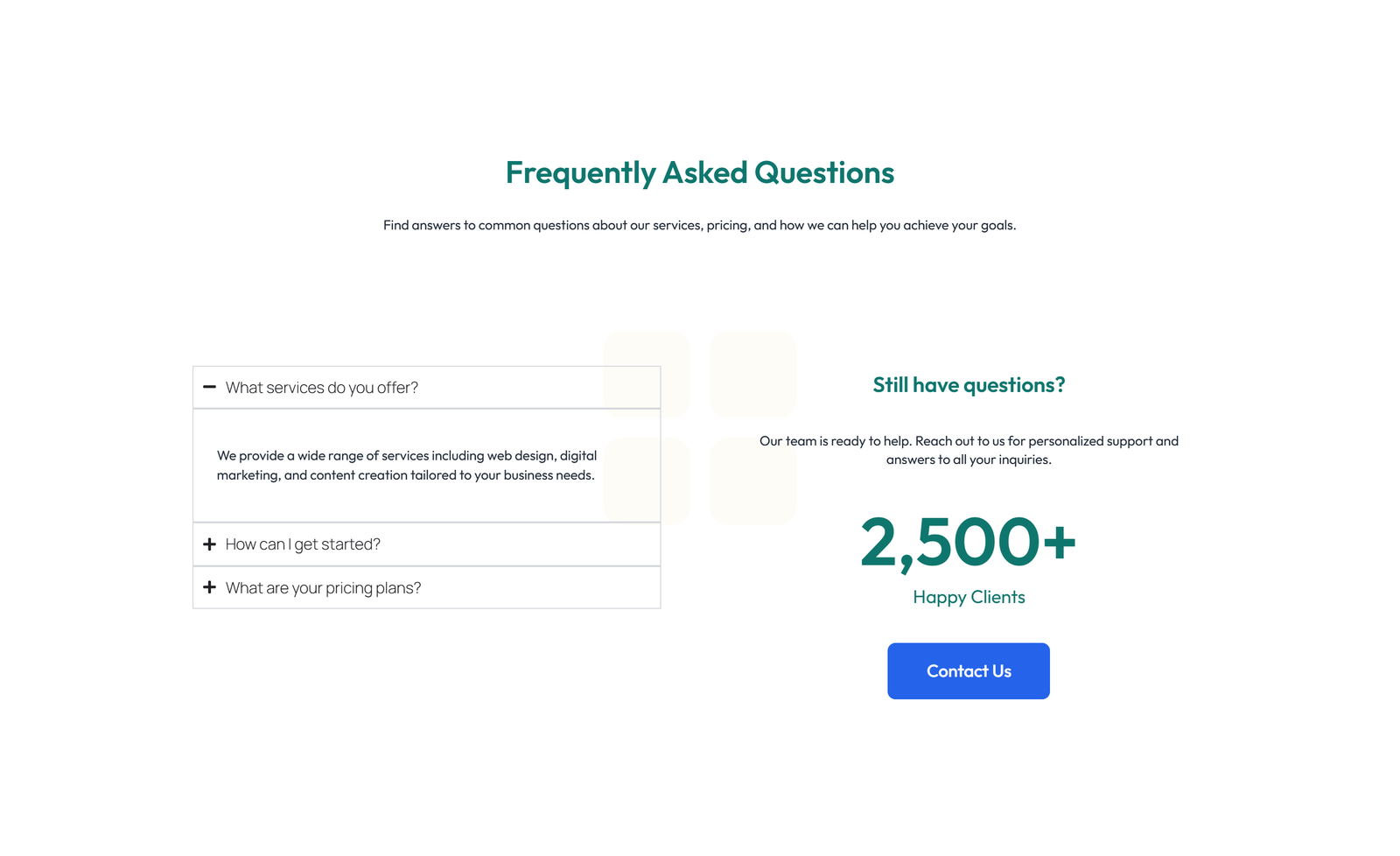 Screenshot of Centered FAQ with Accordion, Follow-up CTA 10 - Elementor FAQ Sections component