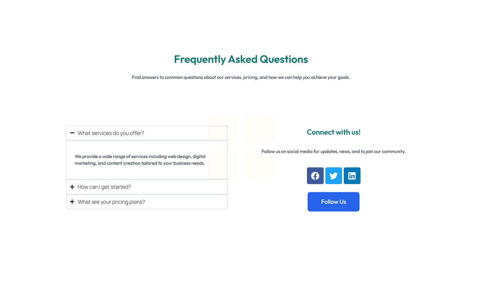 Screenshot of Centered FAQ with Accordion with Heading 11 - Elementor FAQ Sections component