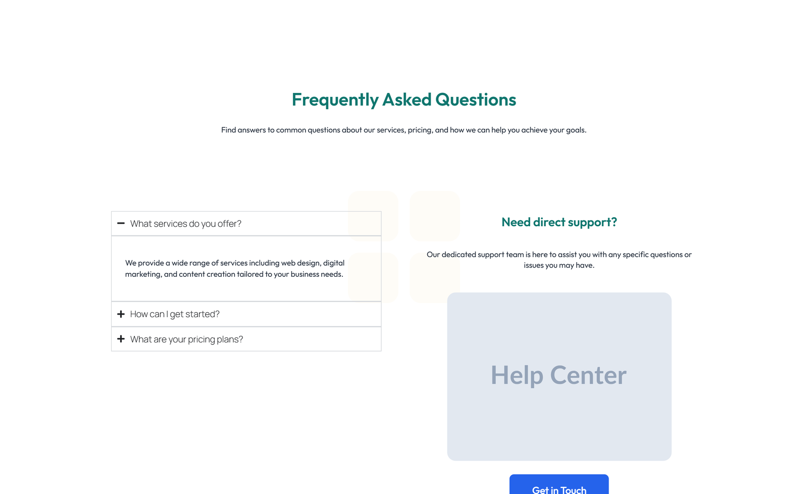 Split FAQ with Text and CTA Left and Accordion Right 11 - Elementor component