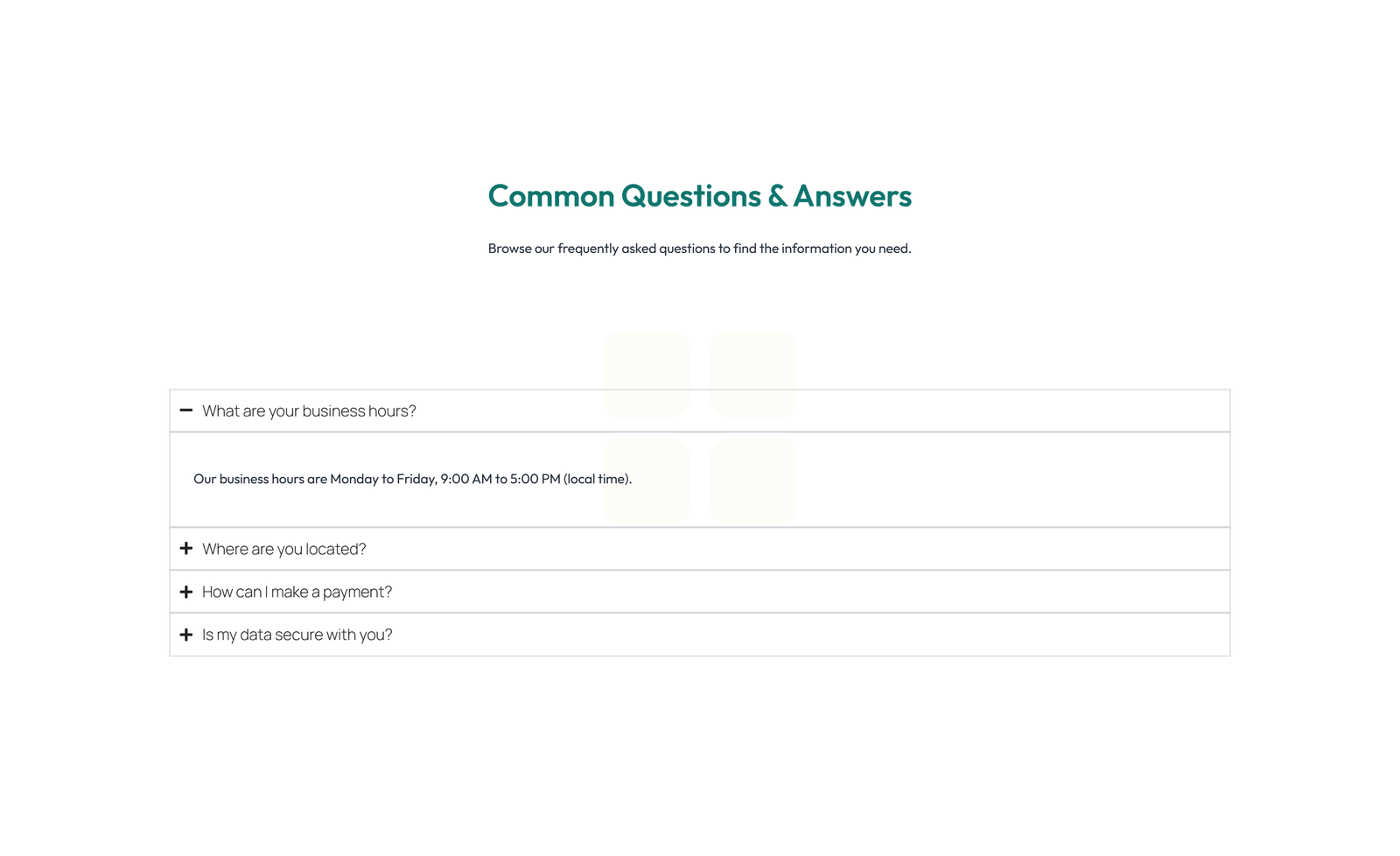 Screenshot of Centered FAQ with Accordion with Heading 13 - Elementor FAQ Sections component