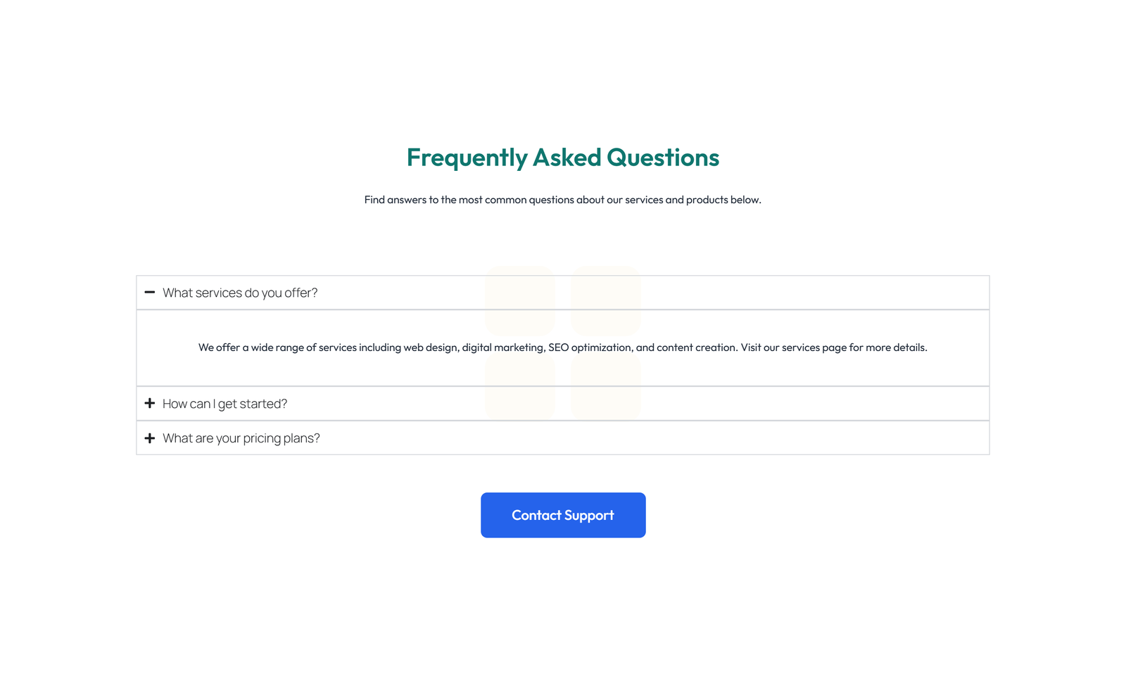 Screenshot of Centered FAQ with Accordion, Follow-up CTA 13 - Elementor FAQ Sections component