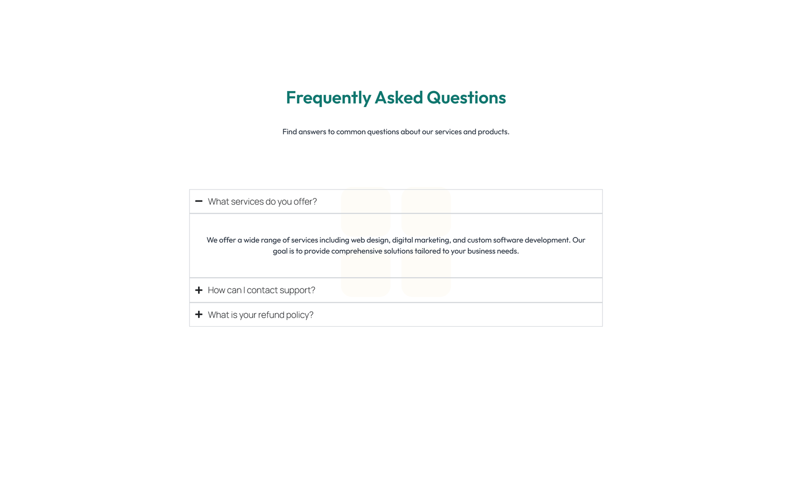 Screenshot of Split FAQ with Text and CTA Left and Accordion Right 14 - Elementor FAQ Sections component