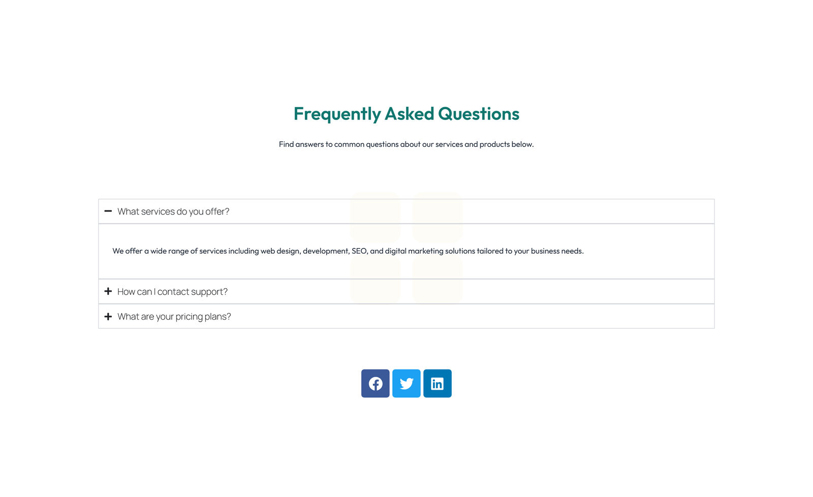 Screenshot of Centered FAQ with Accordion with Heading 15 - Elementor FAQ Sections component