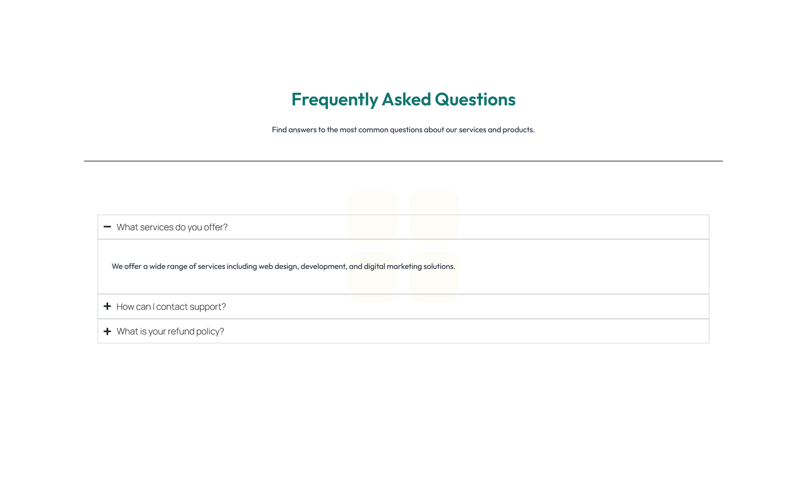 Screenshot of Centered FAQ with Accordion, Follow-up CTA 15 - Elementor FAQ Sections component