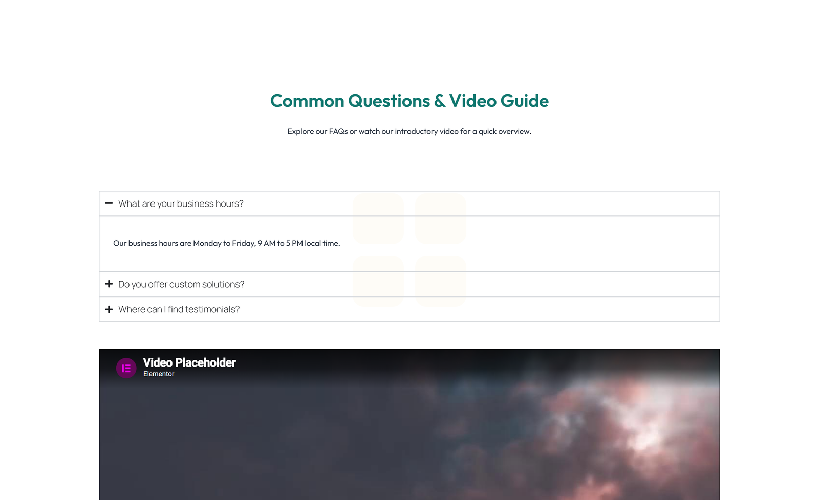 Centered FAQ with Accordion with Heading 16 - Elementor component