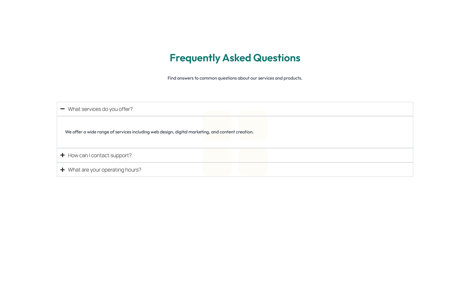 Screenshot of Centered FAQ with Accordion with Heading 17 - Elementor FAQ Sections component