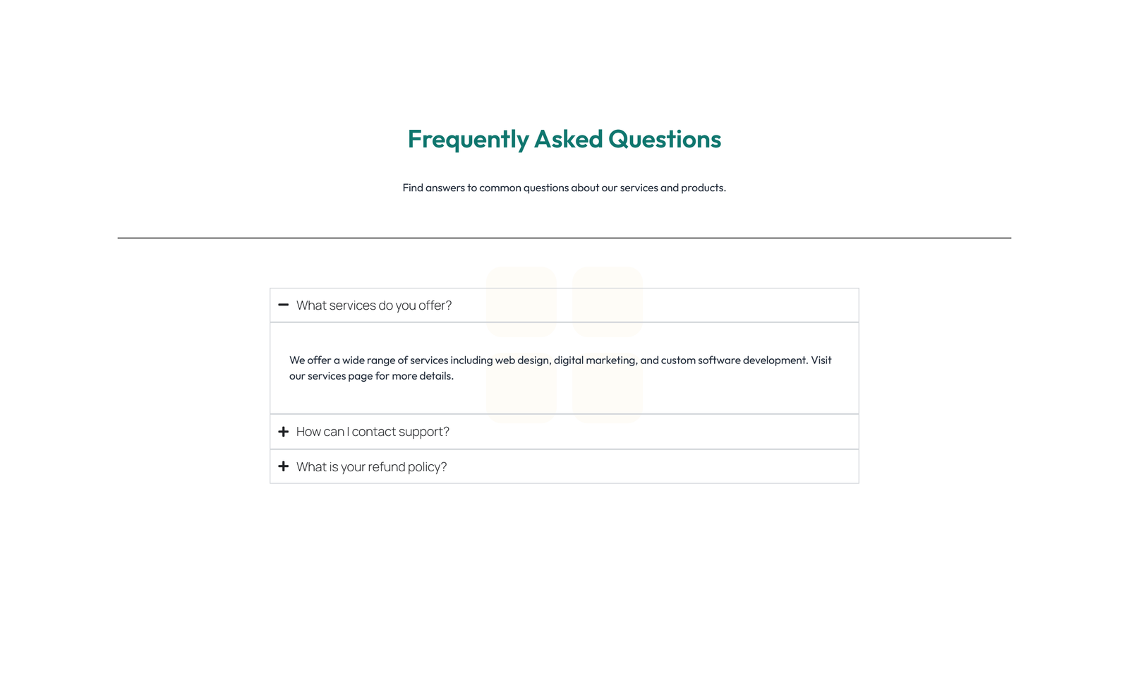 Screenshot of Centered FAQ with Accordion, Follow-up CTA 19 - Elementor FAQ Sections component