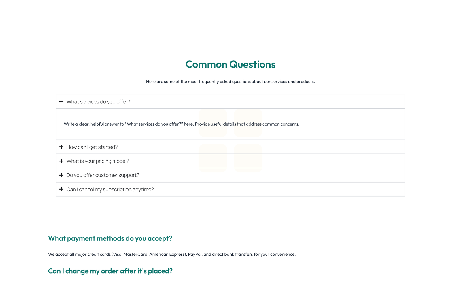 Screenshot of Split FAQ with Text and CTA Left and Accordion Right 21 - Elementor FAQ Sections component