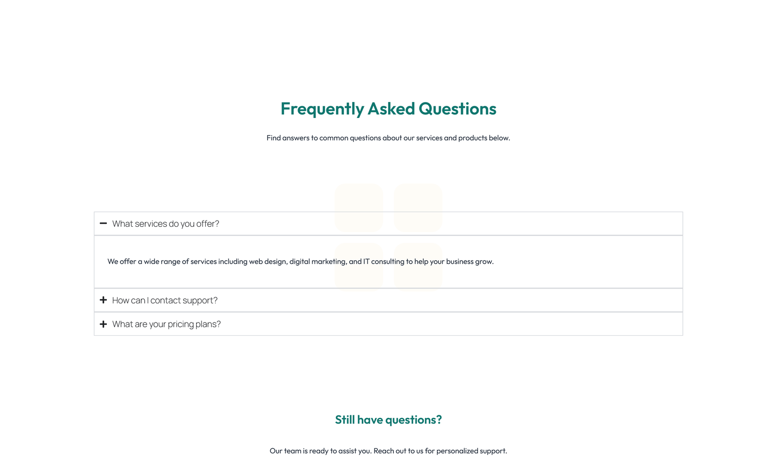 Screenshot of Centered FAQ with Accordion, Follow-up CTA 21 - Elementor FAQ Sections component