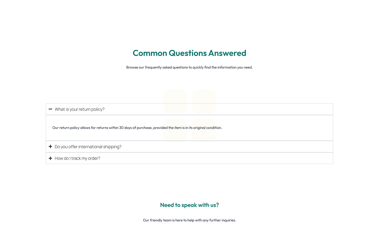 Screenshot of Centered FAQ with Accordion with Heading 22 - Elementor FAQ Sections component