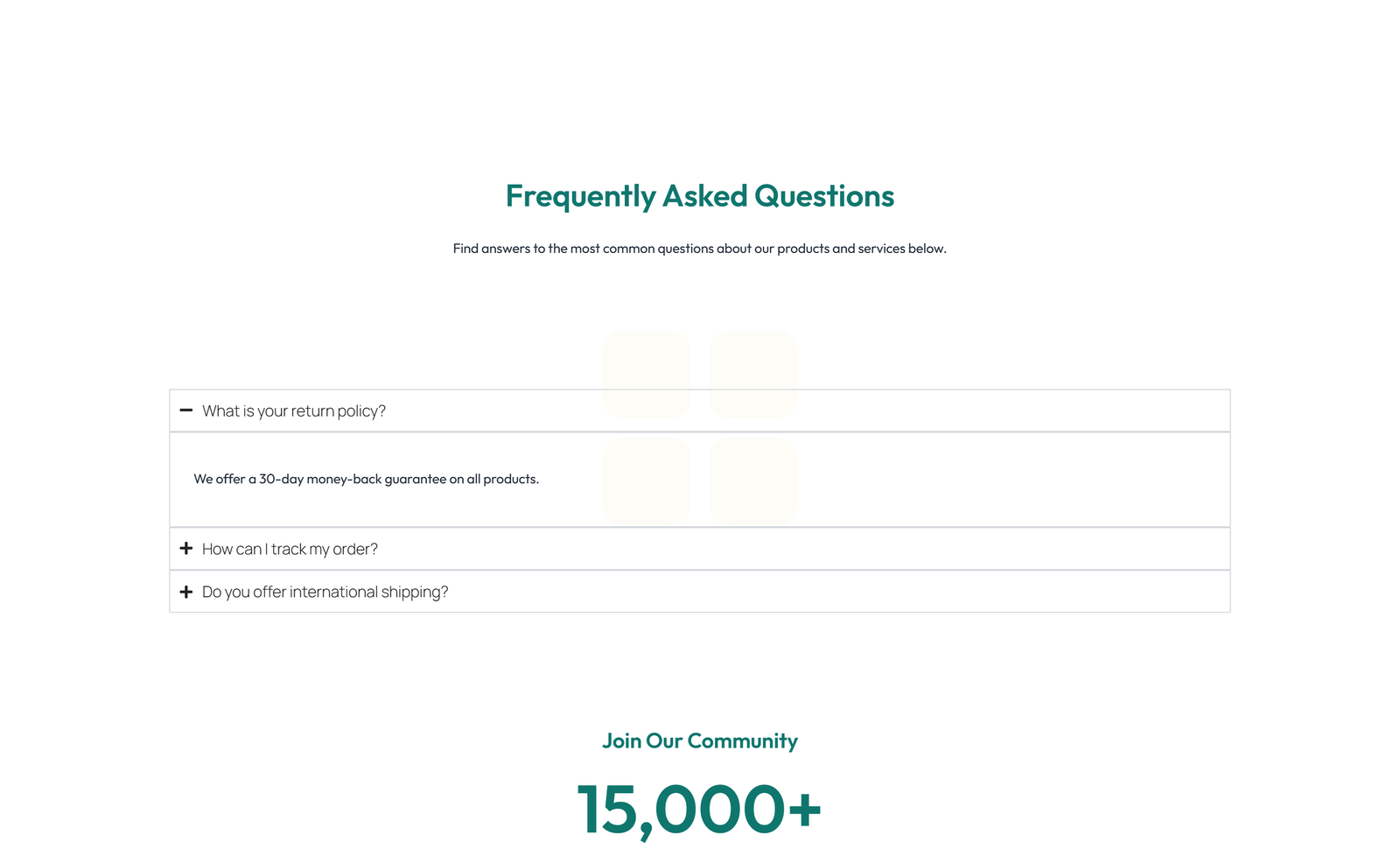 Screenshot of Centered FAQ with Accordion, Follow-up CTA 22 - Elementor FAQ Sections component