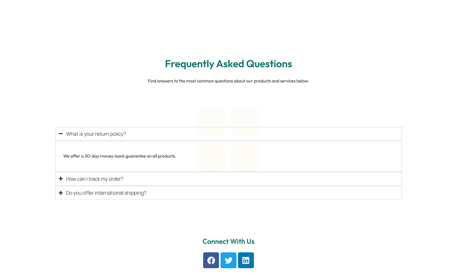 Screenshot of Centered FAQ with Accordion with Heading 23 - Elementor FAQ Sections component