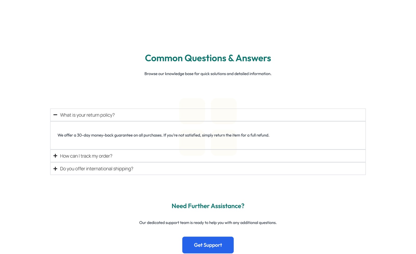 Screenshot of Centered FAQ with Accordion with Heading 24 - Elementor FAQ Sections component