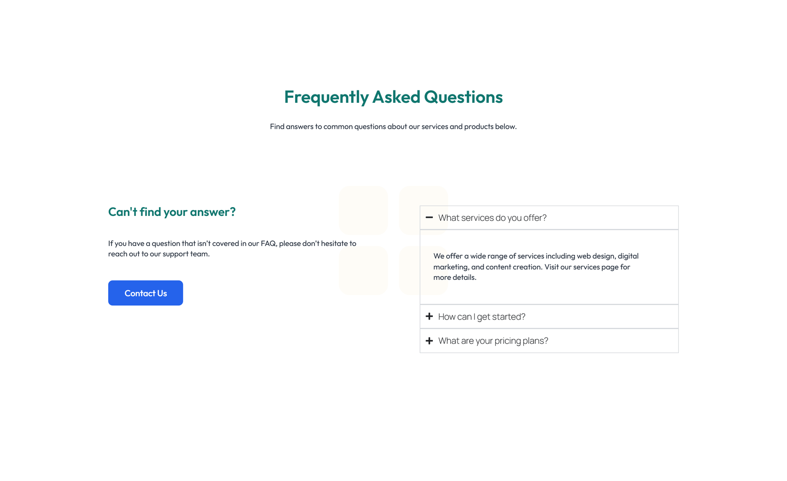 Screenshot of Centered FAQ with Accordion, Follow-up CTA 25 - Elementor FAQ Sections component